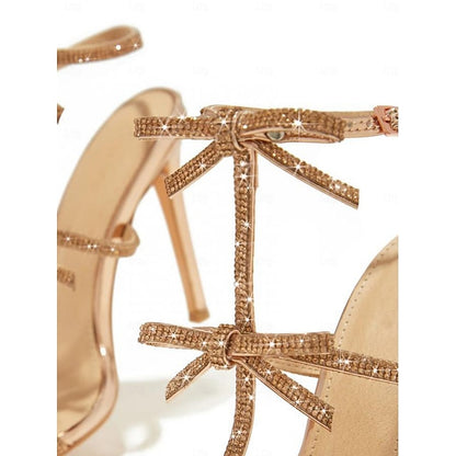 Stiletto Sandals Knot Strappy Sparkly Bow – Women's Gold