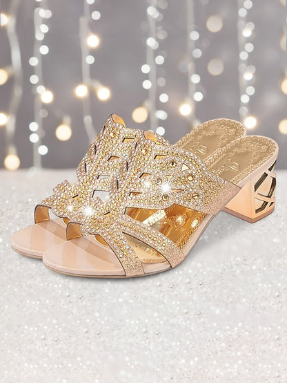 Rhinestone Green Embellished and - Sandals Heeled Gold