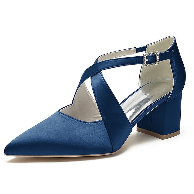 Block Pointed Toe Women's – Satin Elegant Heels White