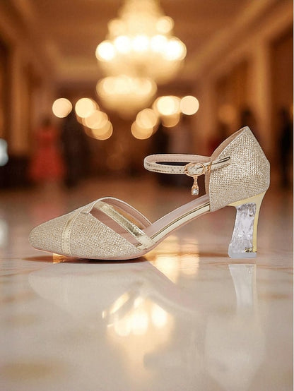 Ankle Elegant Strap Heel Pumps Gold Block Glitter Women's -