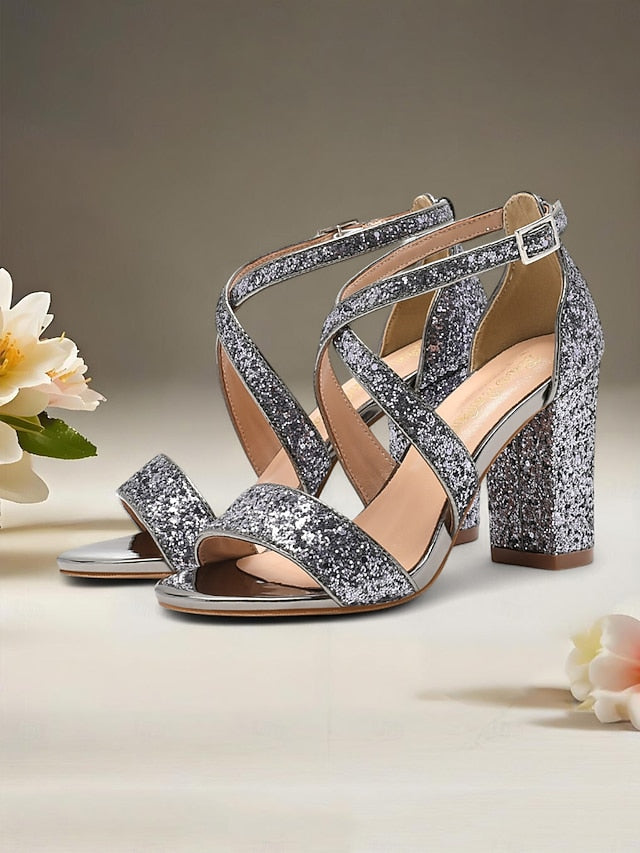 Glitter Gold Sandals Heel Block Women's