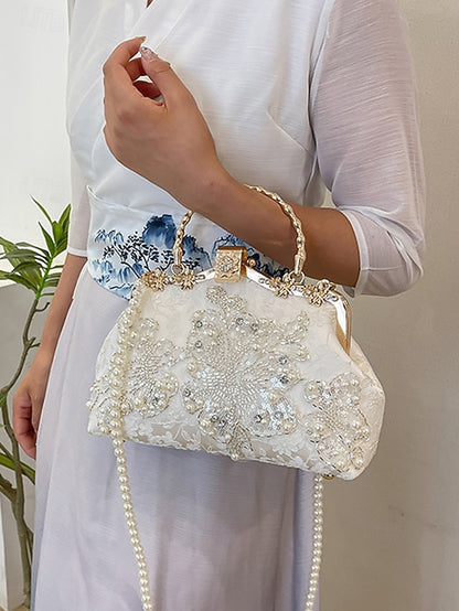 with White Floral Elegant Evening and Pearl Lace Handbag