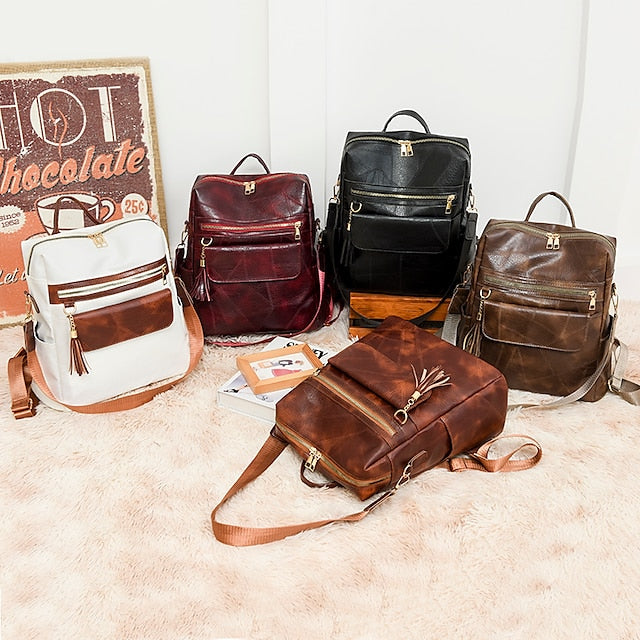 et sac à dos vintage en cuir avec pompon et similicuir pour femme
