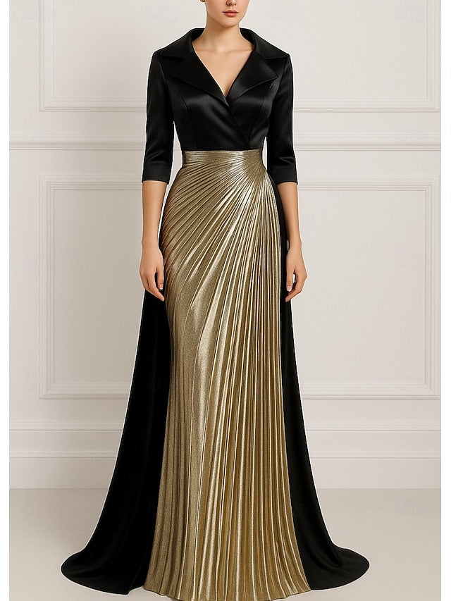 Elegant Gown Formal Gold Evening A-Line Black Dress Wedding