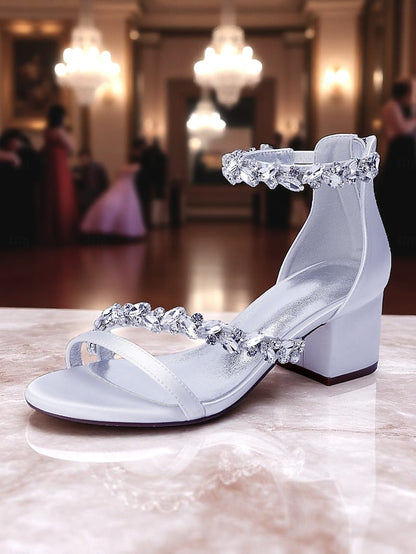 Purple Satin Crystal Sandals - Women's Heel Block