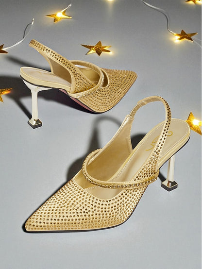 Pointed Rhinestone Heels - Women's Gold Sparkly Toe