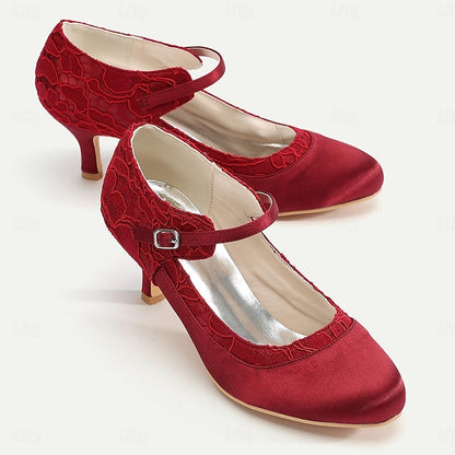 Mid-Heel Women's Comfortable - Lace Satin Heels Red Elegant