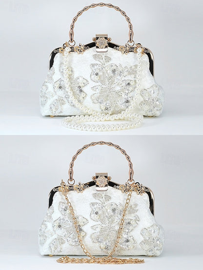 with White Floral Elegant Evening and Pearl Lace Handbag