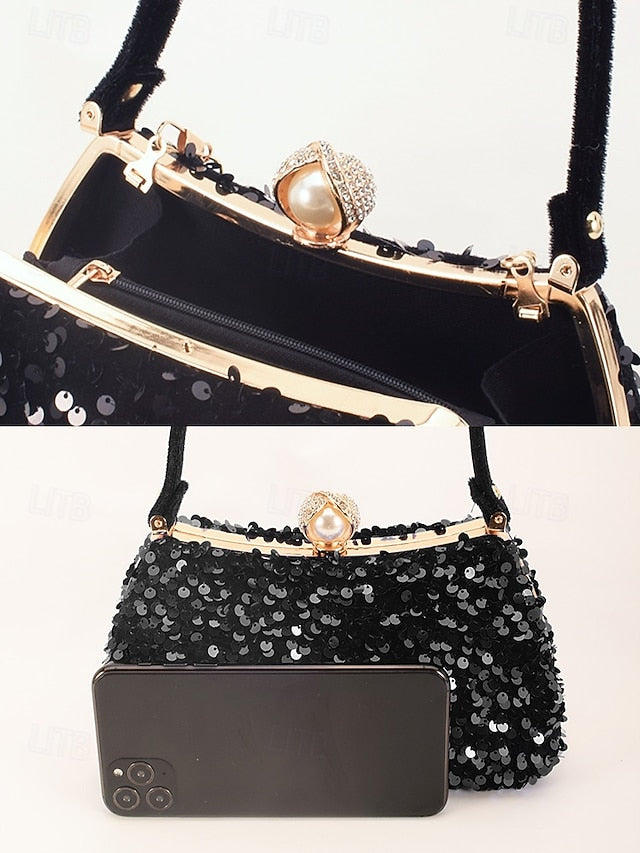 Black with Accent Sequin Clutch Pearl Evening Women's –