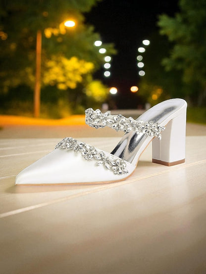 Block Satin Women's Heel Rhinestone Mules with Floral Black