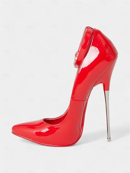 Stiletto Patent with Ankle Red Leather Strap Women's Heels