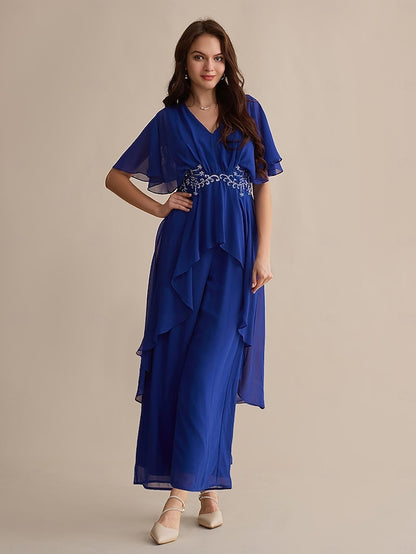 Sequin Guest Blue Royal Cuff Embroidered Flare Chiffon Wedding
