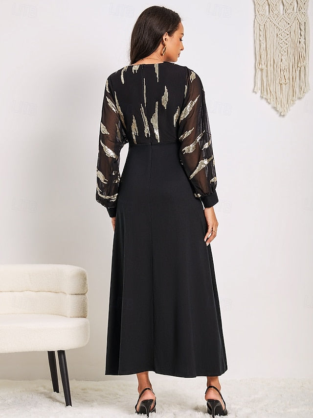 Women's Long Dress Sheer Feather Print Sleeves V-neck Black