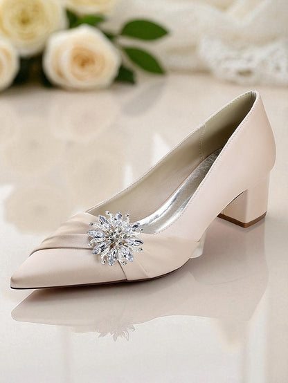 Block White Pumps Women's with Crystal Heel Low