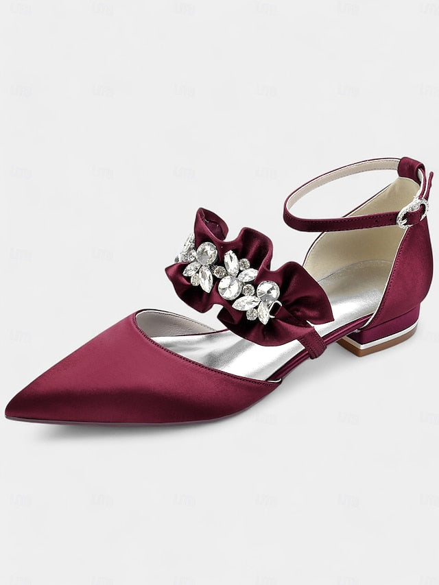 Black Rhinestone Flats Pointed-Toe Satin Women's with
