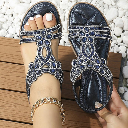 Flat Sandals Silver Women's – T-Strap Rhinestone Boho