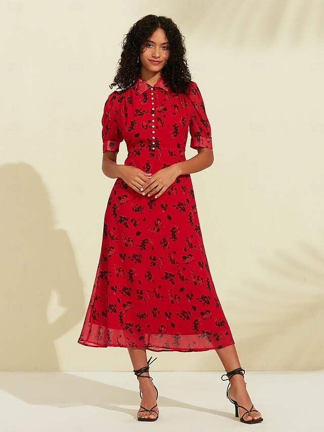 Chiffon Floral Print Puff Sleeve Midi Dress