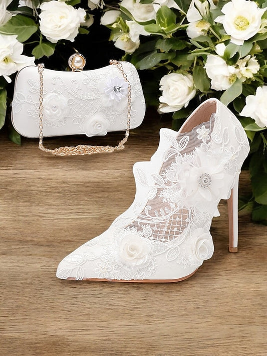 Wedding Shoes White Lace Embellishments with Floral