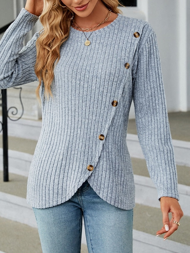 Women's Blouse Solid Color Stylish Casual Long Sleeve Crew