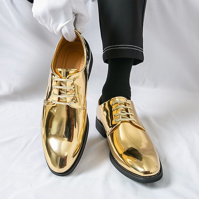 Patent Lace-Up Shoes Sleek Gold for Shiny – Leather Men