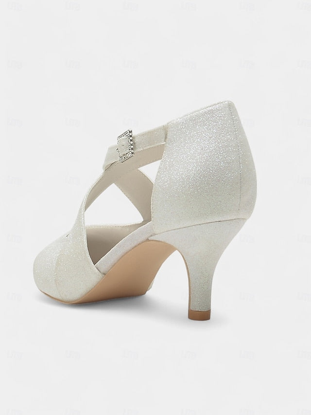 Glitter Cross Heels Rhinestone with Buckle Kitten White Strap