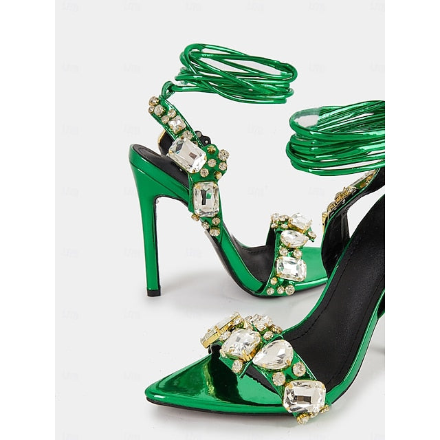 Stiletto Green Women's Heels Lace-Up with Metallic