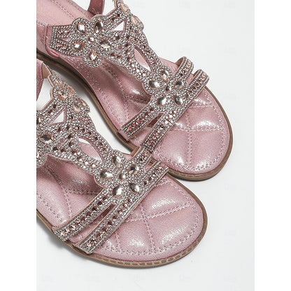 Flat Sandals Silver Women's – T-Strap Rhinestone Boho