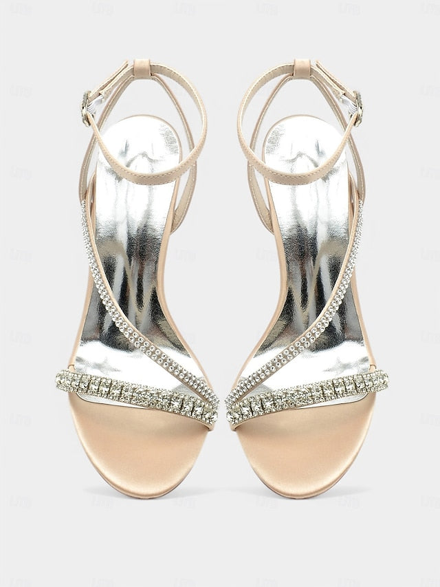 Satin Sophisticated Champagne – Rhinestone Strappy Heels