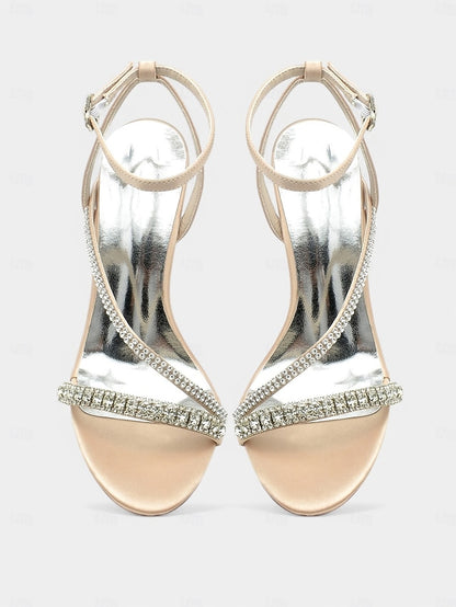 Satin Sophisticated Champagne – Rhinestone Strappy Heels