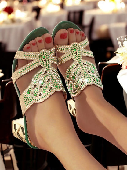 Rhinestone Green Embellished and - Sandals Heeled Gold