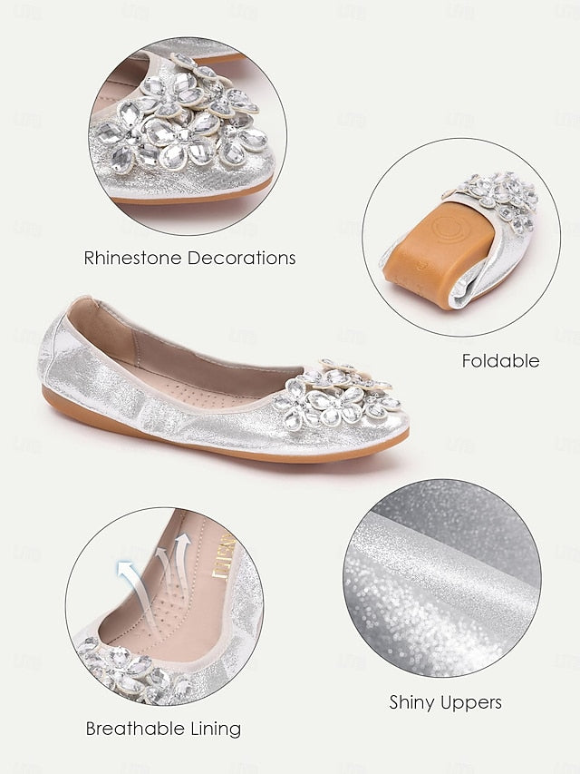 Foldable Flats Rhinestone Women's with Silver