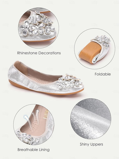 Foldable Flats Rhinestone Women's with Silver