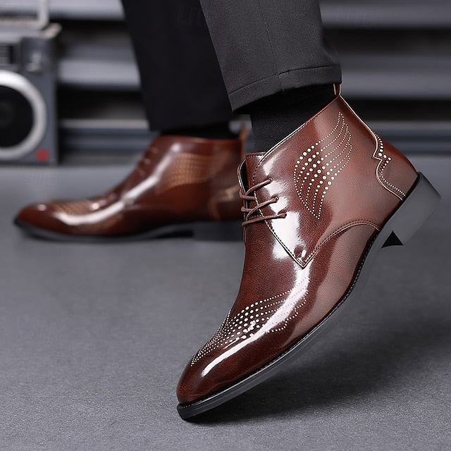 Leather Brogue Burgundy Glossy Faux Ankle Men's Wingtip