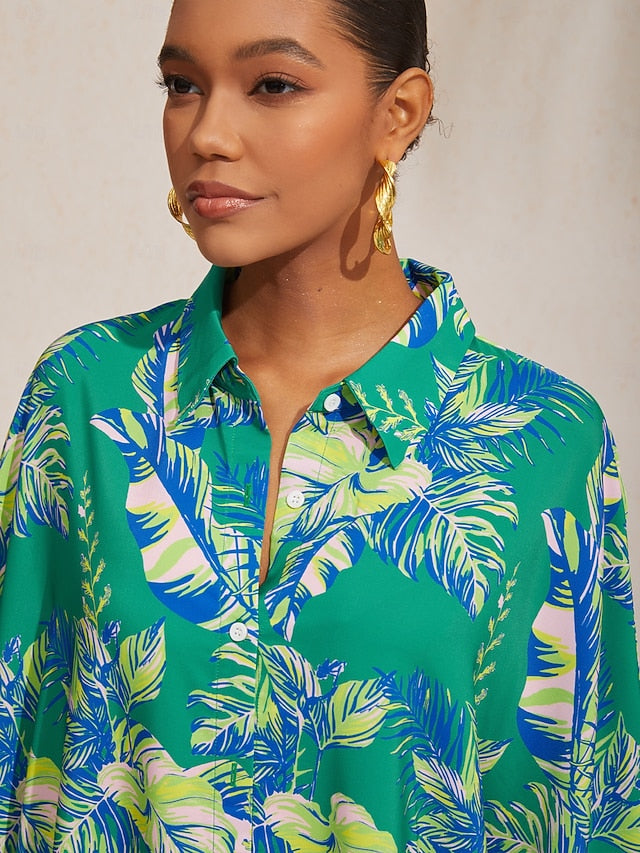 Leaf Print Shirt Short Sleeve Midi Chiffon Dress