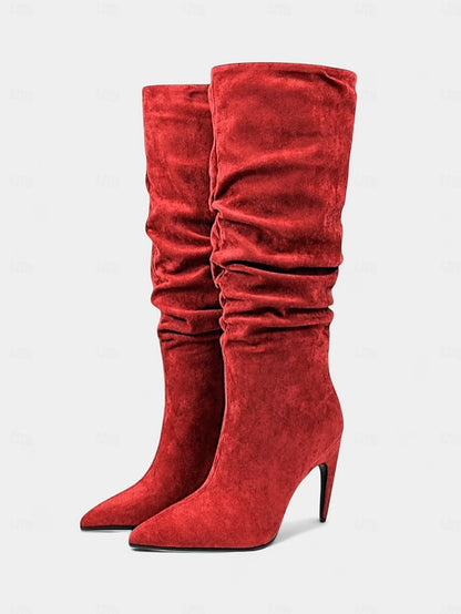 Women's Boots Pointed Velvet Slouch Knee - High Green Toe