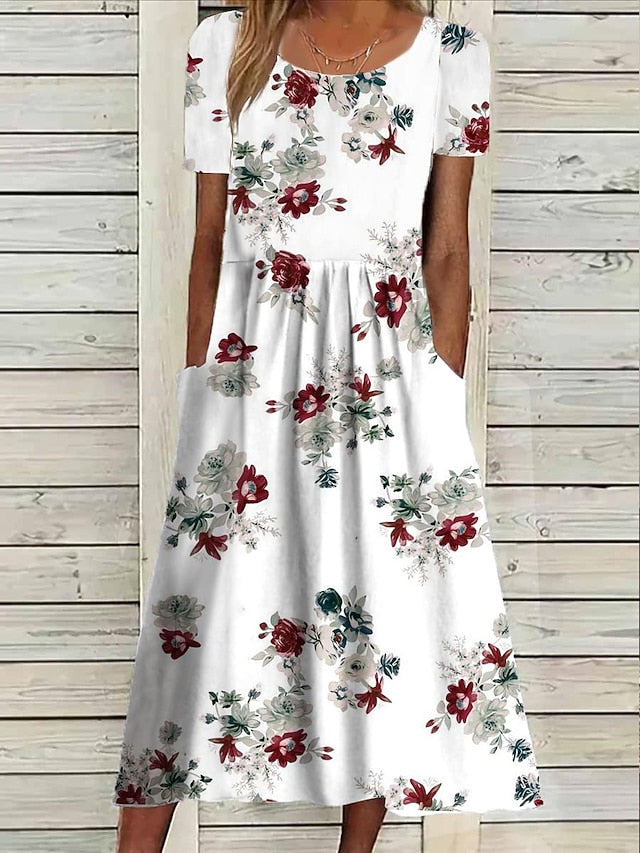 Women's Midi Dress Floral Pocket Print Crew Neck Daily Date