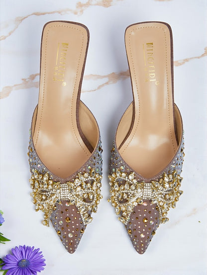 Slip-On Pointed Rhinestone Mules - Glitter Toe Women's