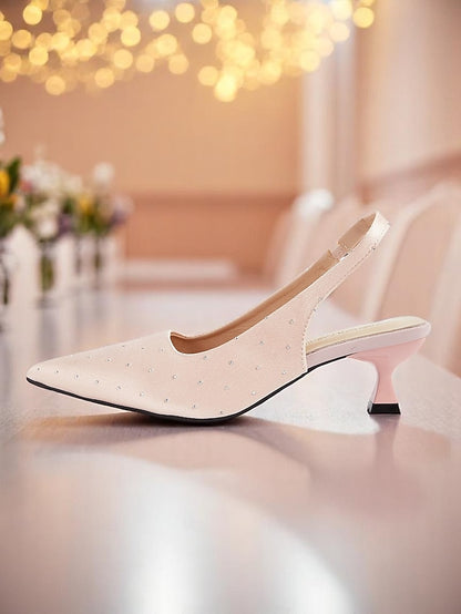 Heels Kitten Studs Satin Women's with Slingback Rhinestone