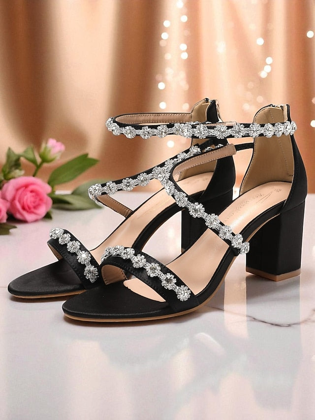 Elegant White Sandals Women's Block Rhinestone Heel - Open
