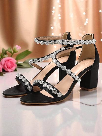 Elegant White Sandals Women's Block Rhinestone Heel - Open