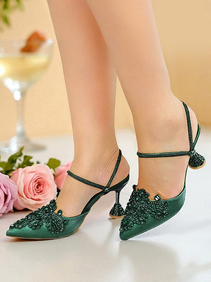 Gold Rhinestone Toe Satin Pointed Embellished Women's