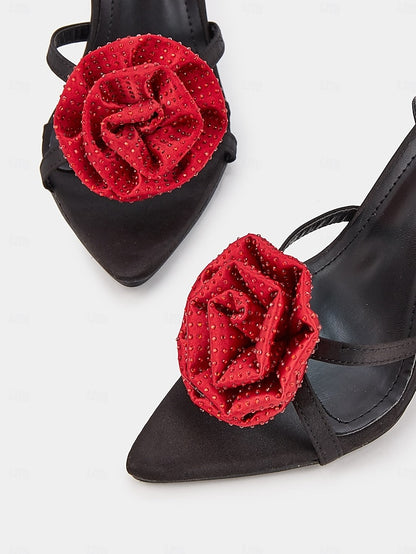 - Sandals Black Floral Embellishments Chic Heel High Red with