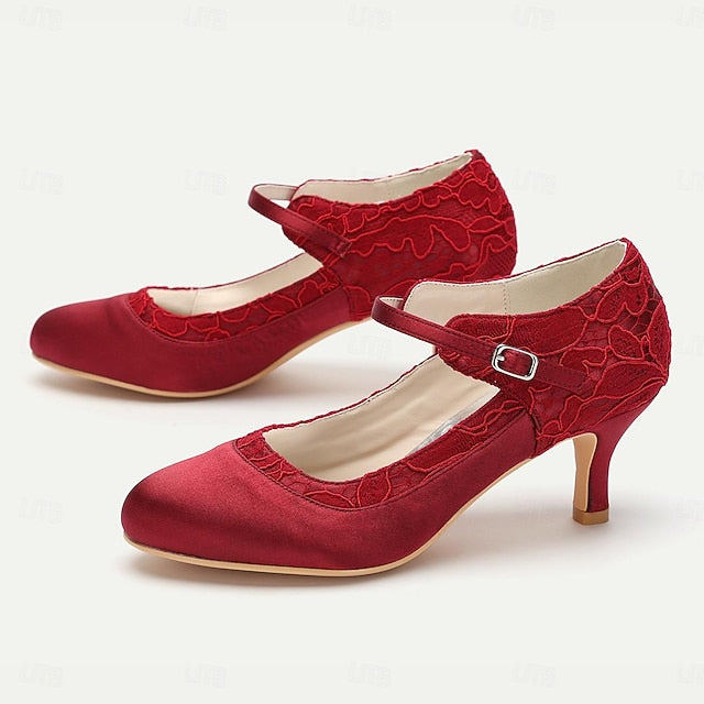 Mid-Heel Women's Comfortable - Lace Satin Heels Red Elegant