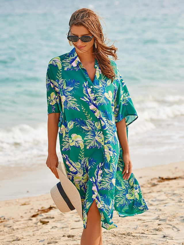 Leaf Print Shirt Short Sleeve Midi Chiffon Dress