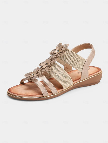 Women's Beige Sandals Floral Flat Elegant – Rhinestone