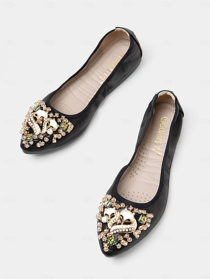 Women's Foldable Rhinestone Ballet Black Flats with