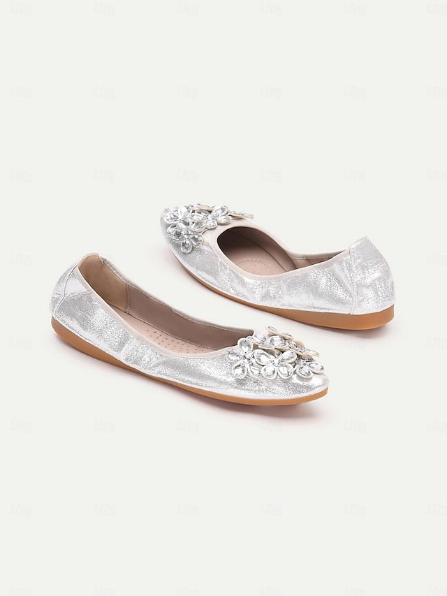 Foldable Flats Rhinestone Women's with Silver