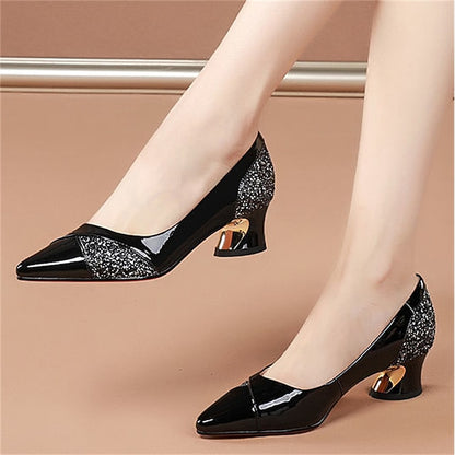 Patent Women's Heels Block Leather Faux Glitter-Accented