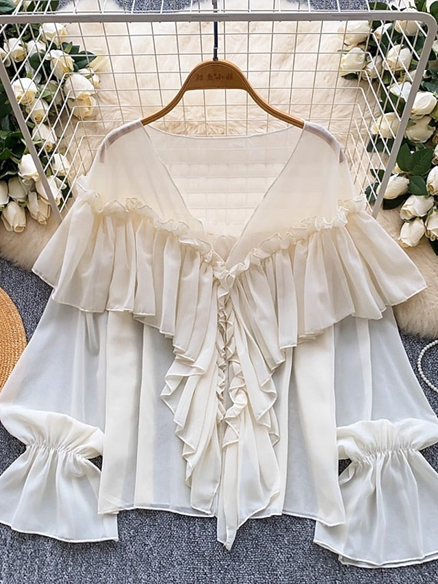 Women's Blouse Solid Color Stylish Casual Long Sleeve V