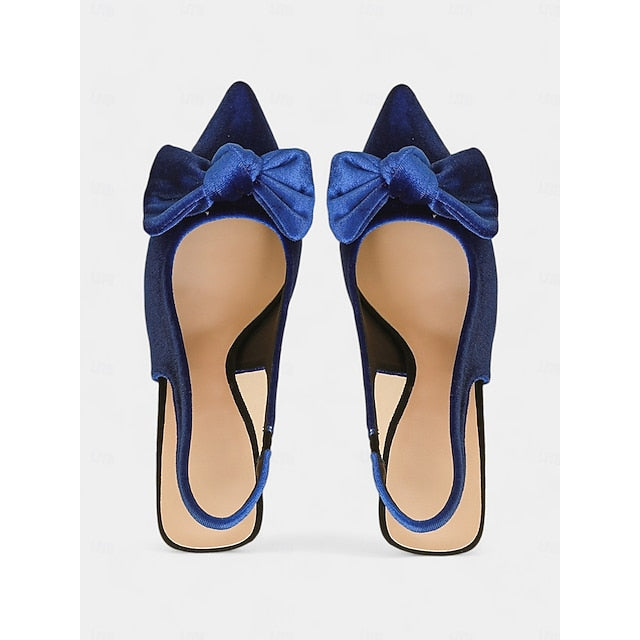 Women's Bow Pointed Velvet Heels Slingback Toe with Blue